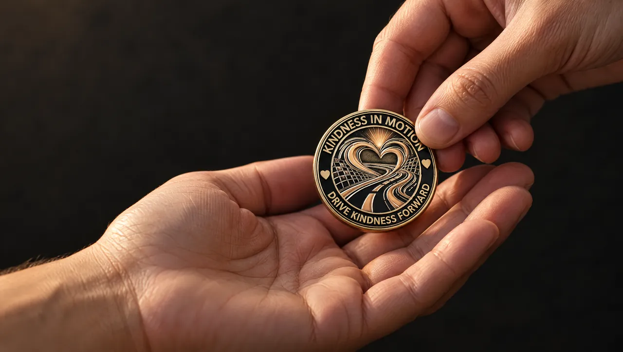 One hand passing the Kindness Coin into another person’s open palm.